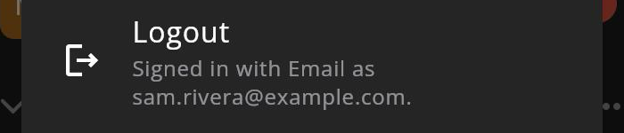 The Logout row in the Onform profile, saying Signed in with Email as sam.rivera@example.com.